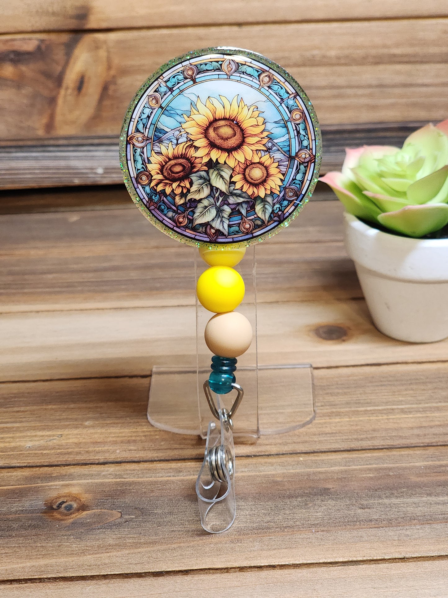 Stained Glass Style Sunflower Retractable Badge Reel