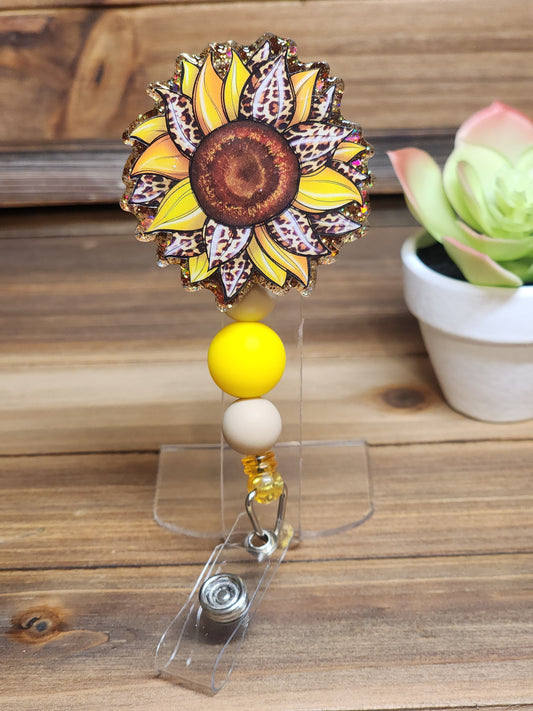 Leopard Print Sunflower Retractable Badge Reel