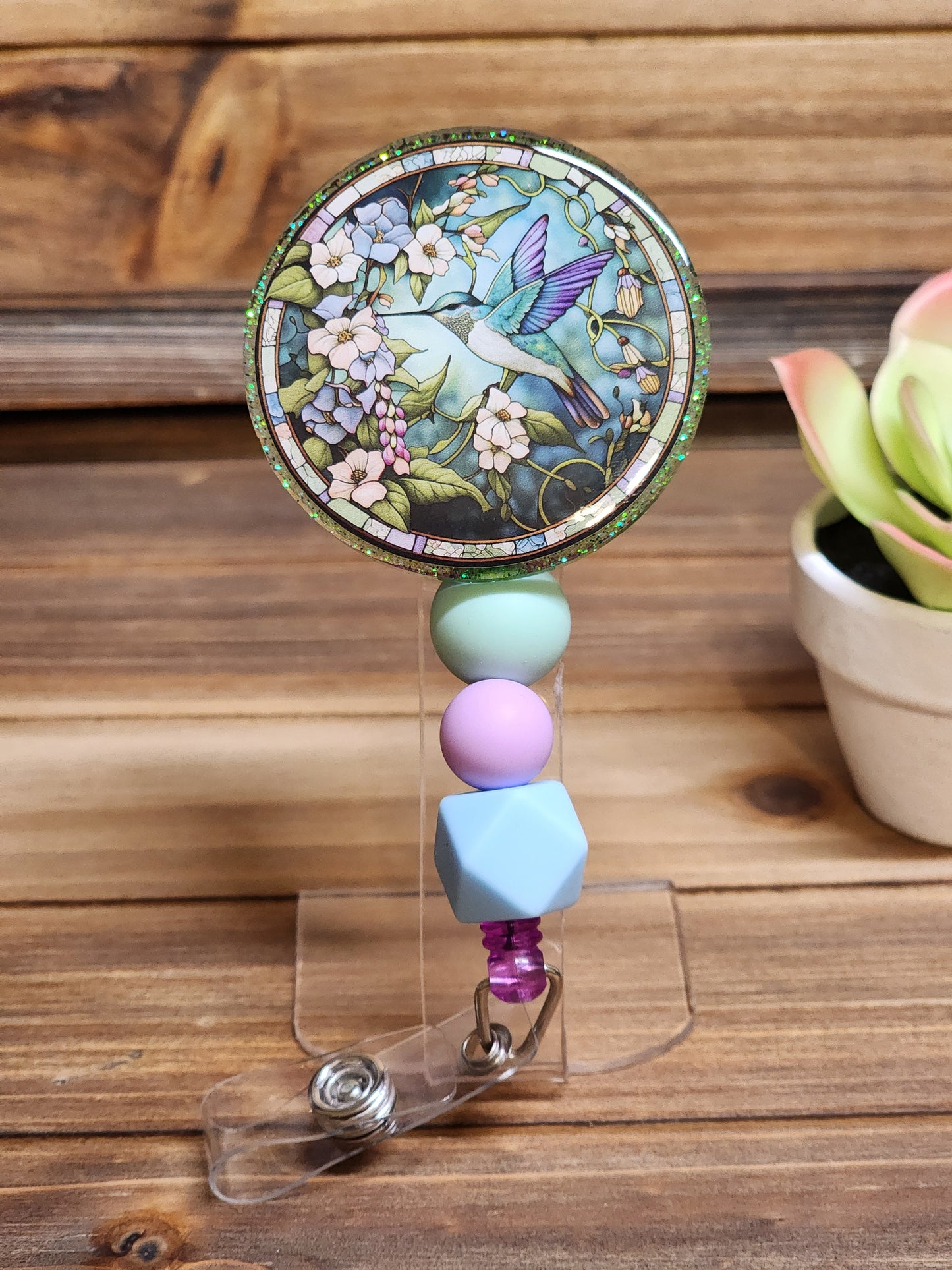 Stained Glass Style Hummingbird Retractable Badge Reel