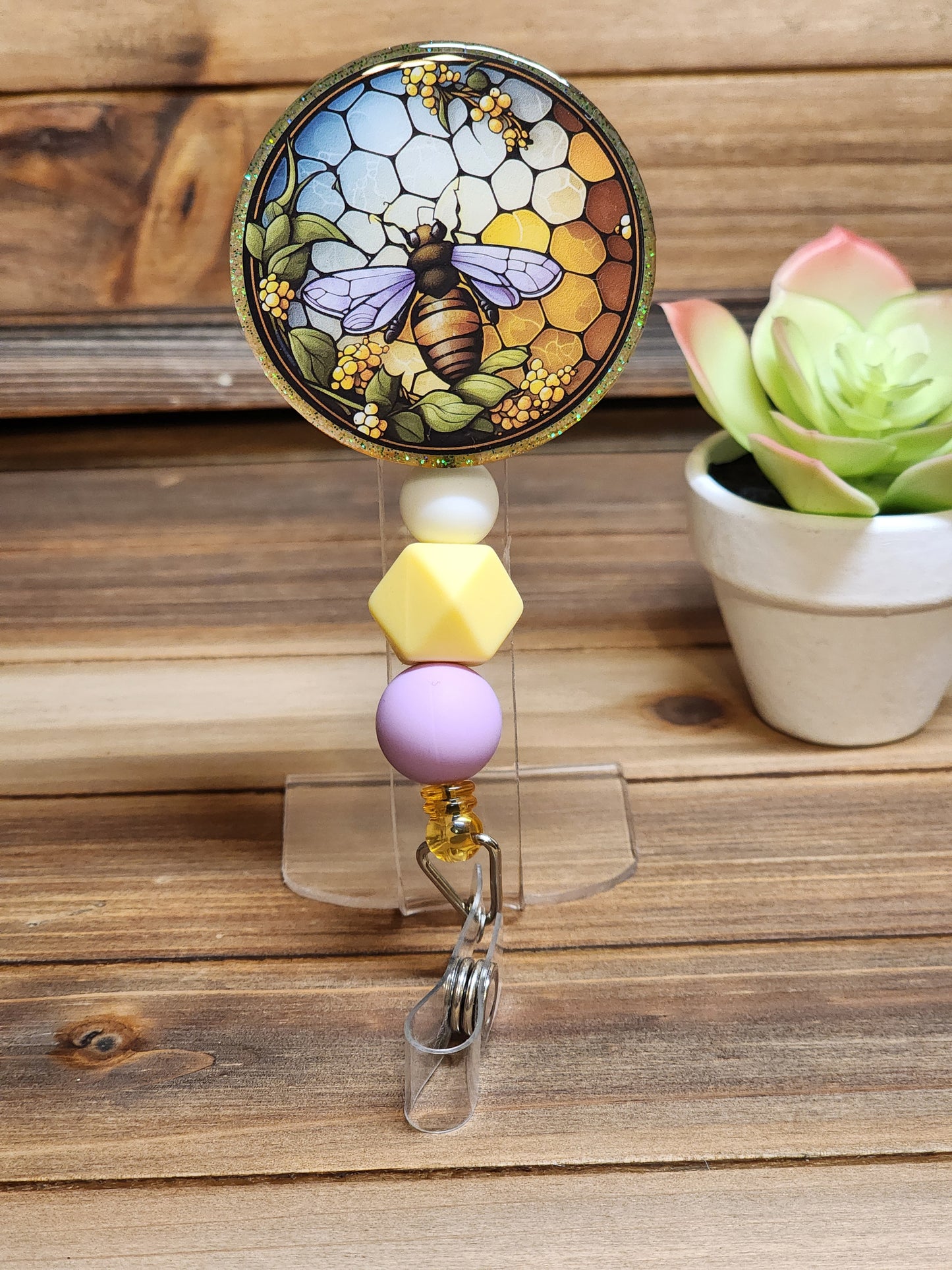 Stained Glass Style Bee Retractable Badge Reel