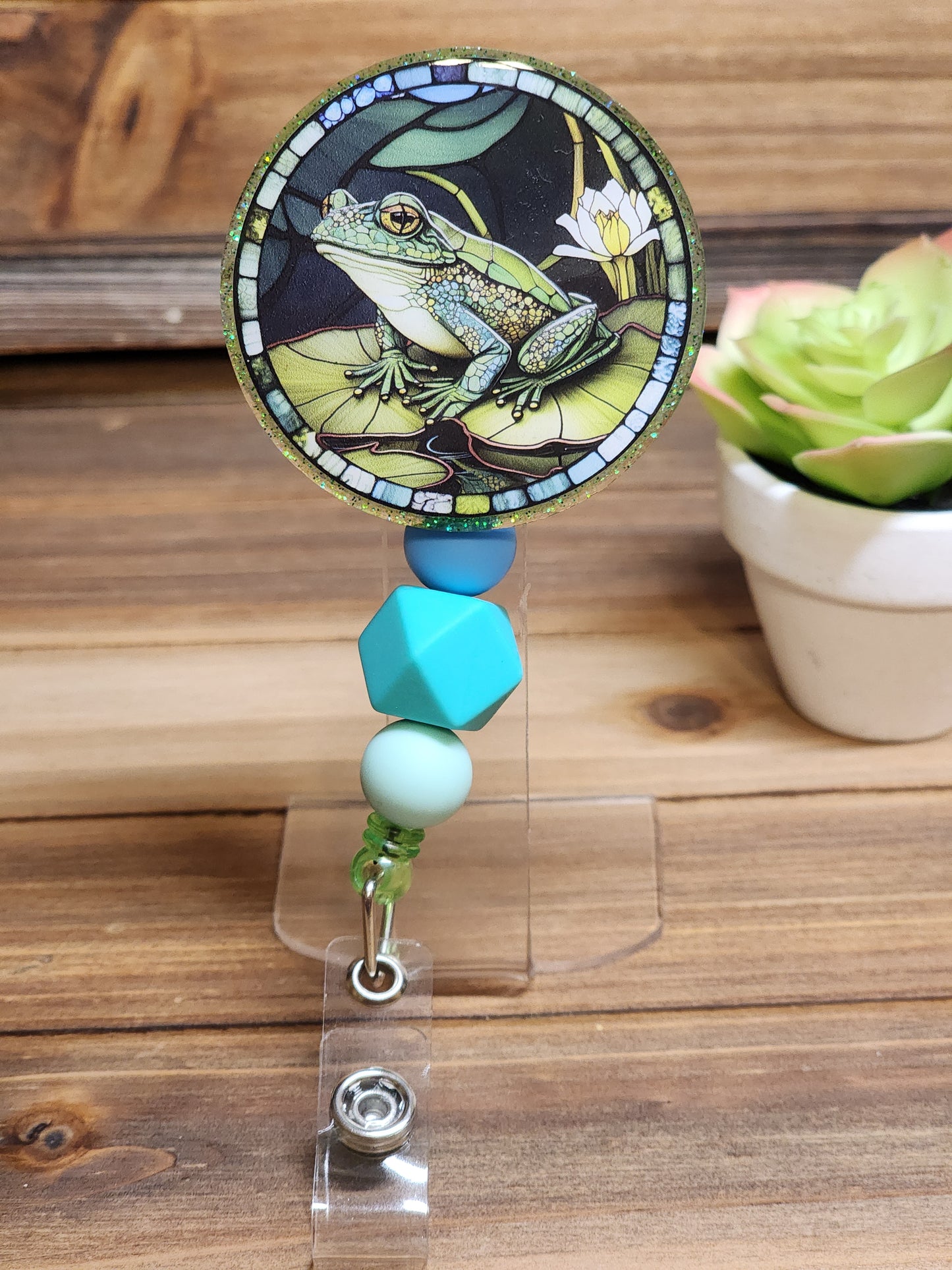 Stained Glass Print Frog Retractable Badge Reel